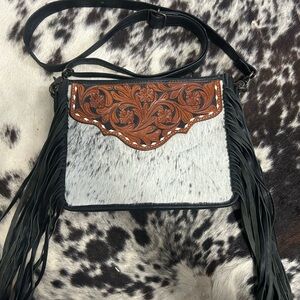 Black and White Cowhide Fringe Leather Bag